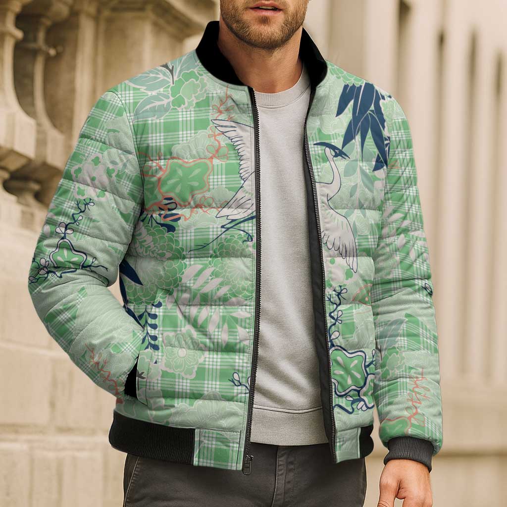 Green Palaka Crane and Flowers Bomber Puffer Jacket Japan Heritage Spirit - Polynesian Pride