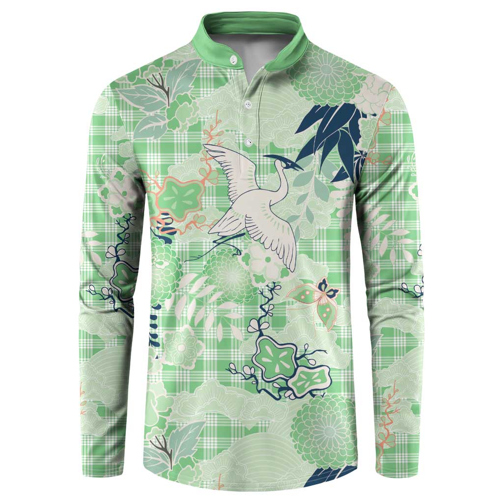 Green Palaka Crane and Flowers Button Sweatshirt Japan Heritage Spirit - Polynesian Pride