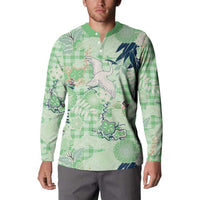 Green Palaka Crane and Flowers Button Sweatshirt Japan Heritage Spirit - Polynesian Pride