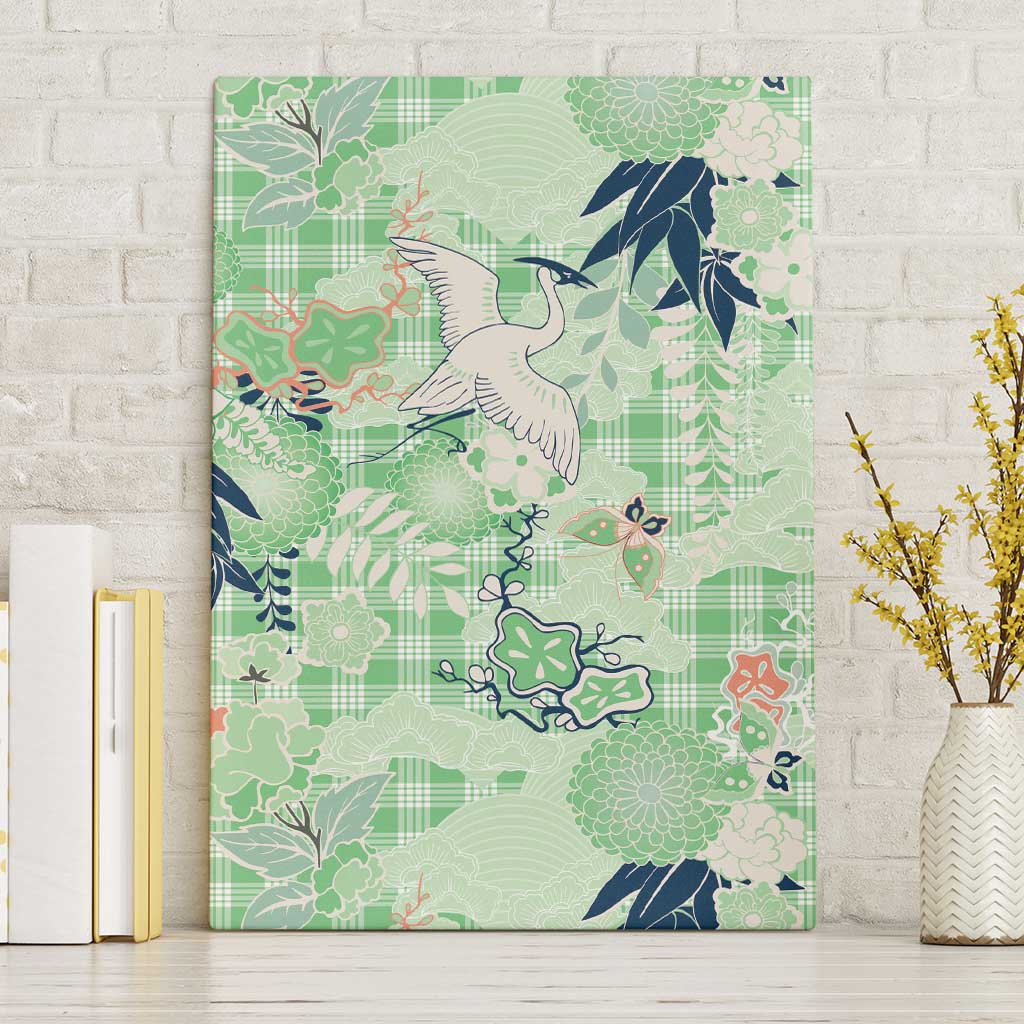 Green Palaka Crane and Flowers Canvas Wall Art Japan Heritage Spirit - Polynesian Pride