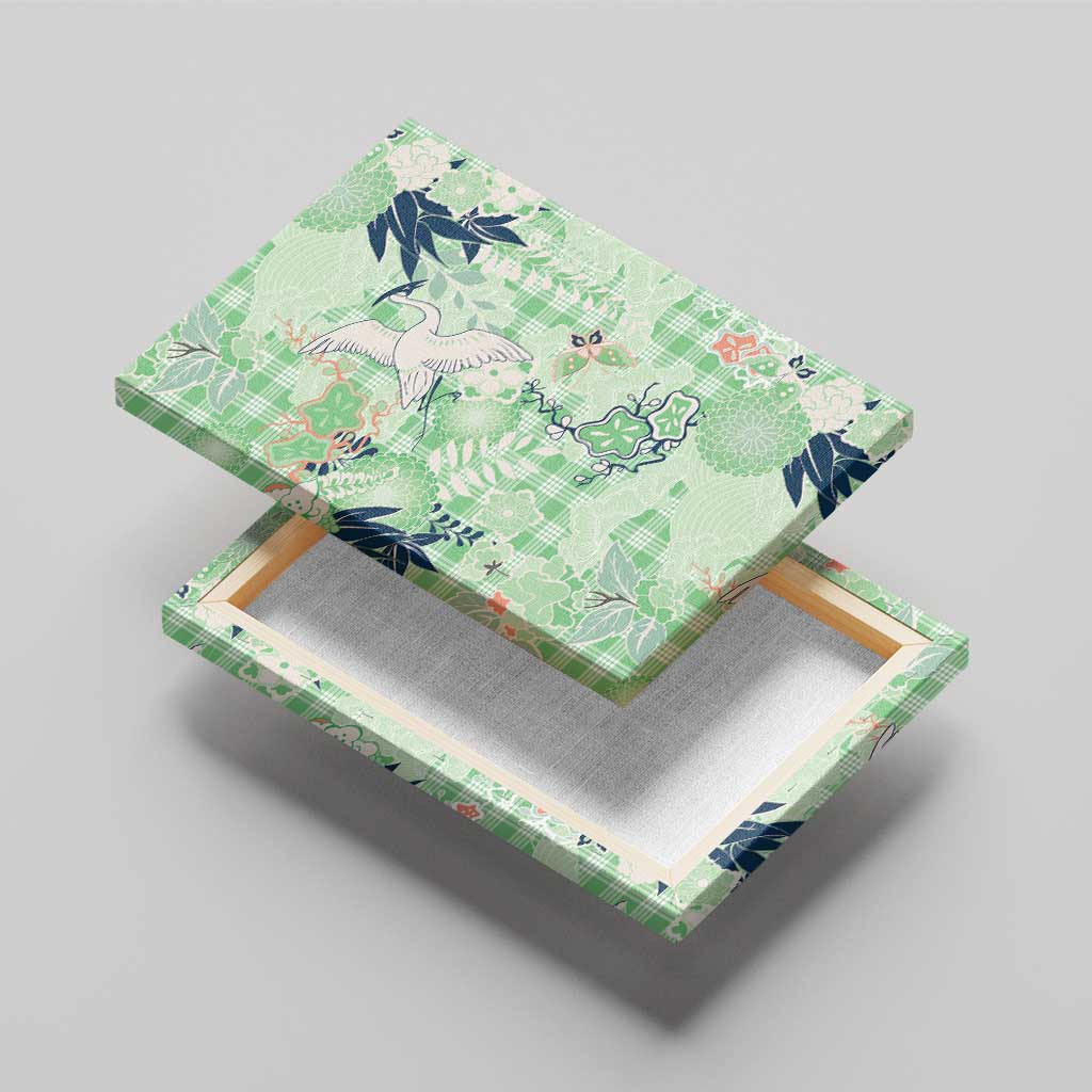 Green Palaka Crane and Flowers Canvas Wall Art Japan Heritage Spirit - Polynesian Pride