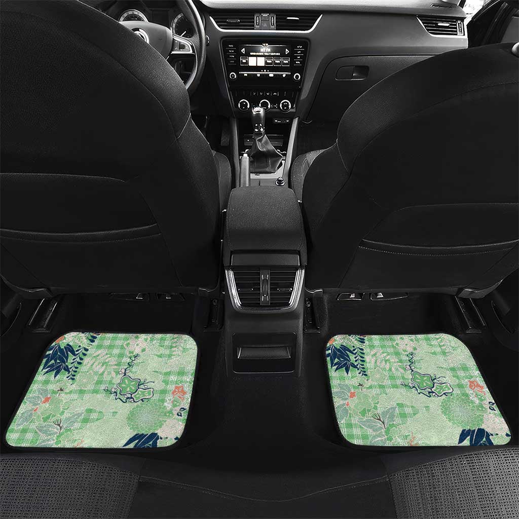 Green Palaka Crane and Flowers Car Mats Japan Heritage Spirit - Polynesian Pride