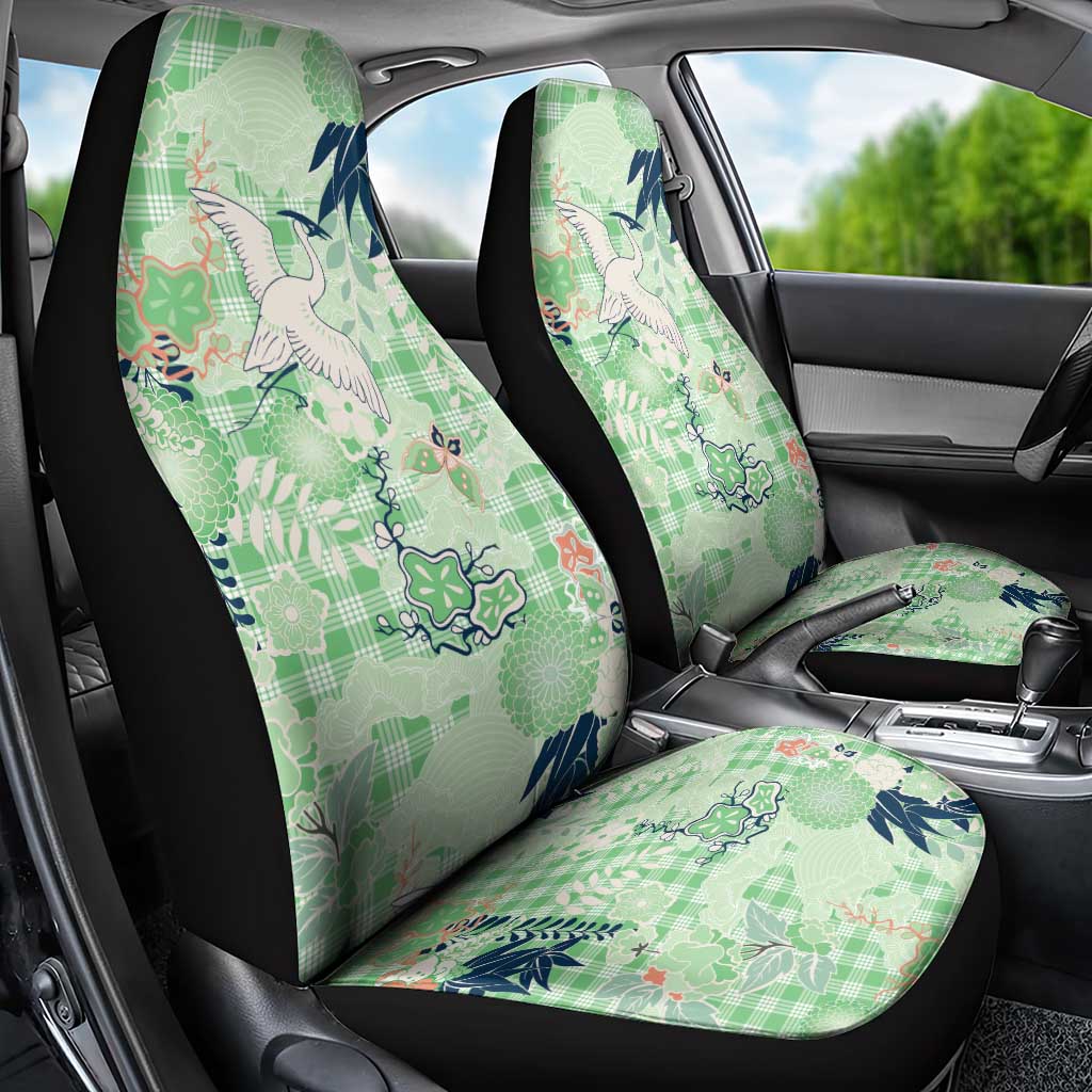 Green Palaka Crane and Flowers Car Seat Cover Japan Heritage Spirit - Polynesian Pride