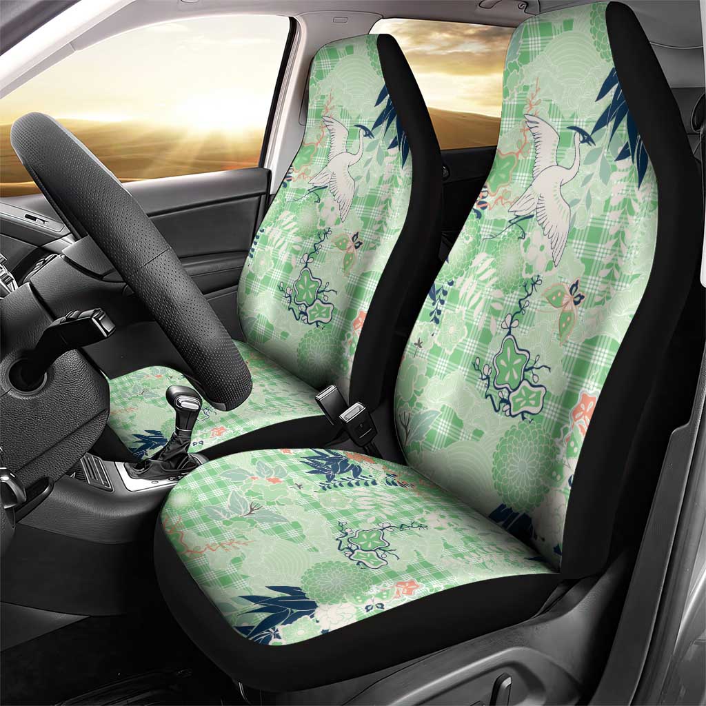 Green Palaka Crane and Flowers Car Seat Cover Japan Heritage Spirit - Polynesian Pride