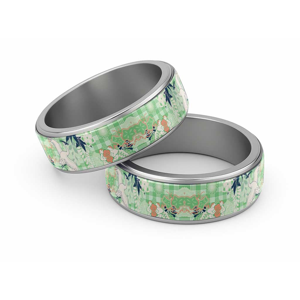 Green Palaka Crane and Flowers Classic Ring Japan Heritage Spirit - Polynesian Pride