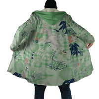 Green Palaka Crane and Flowers Cloak Japan Heritage Spirit - Polynesian Pride