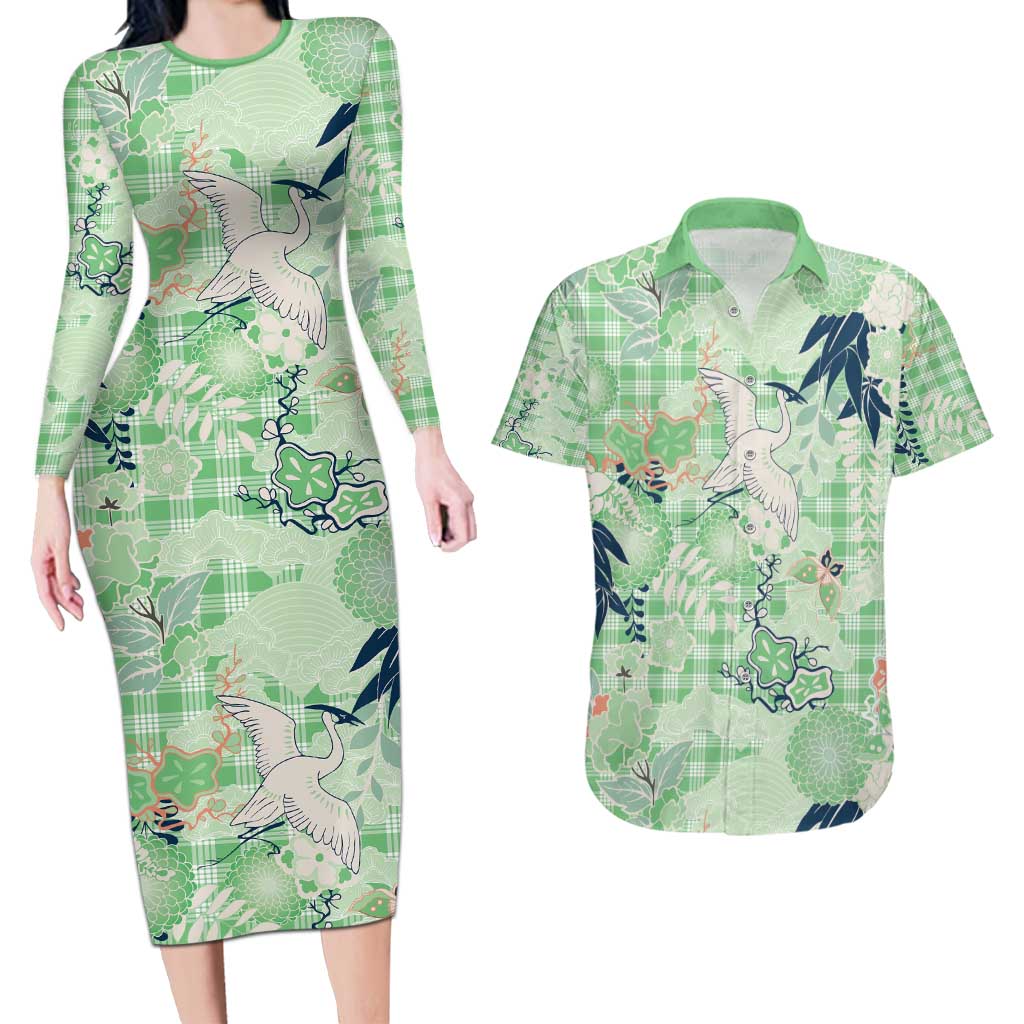 Green Palaka Crane and Flowers Couples Matching Long Sleeve Bodycon Dress and Hawaiian Shirt Japan Heritage Spirit - Polynesian Pride