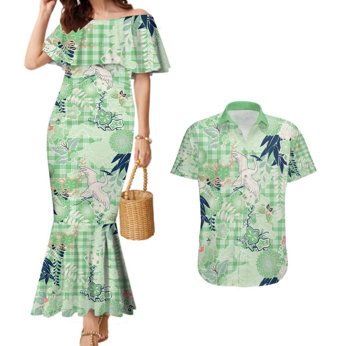 Green Palaka Crane and Flowers Couples Matching Mermaid Dress and Hawaiian Shirt Japan Heritage Spirit - Polynesian Pride