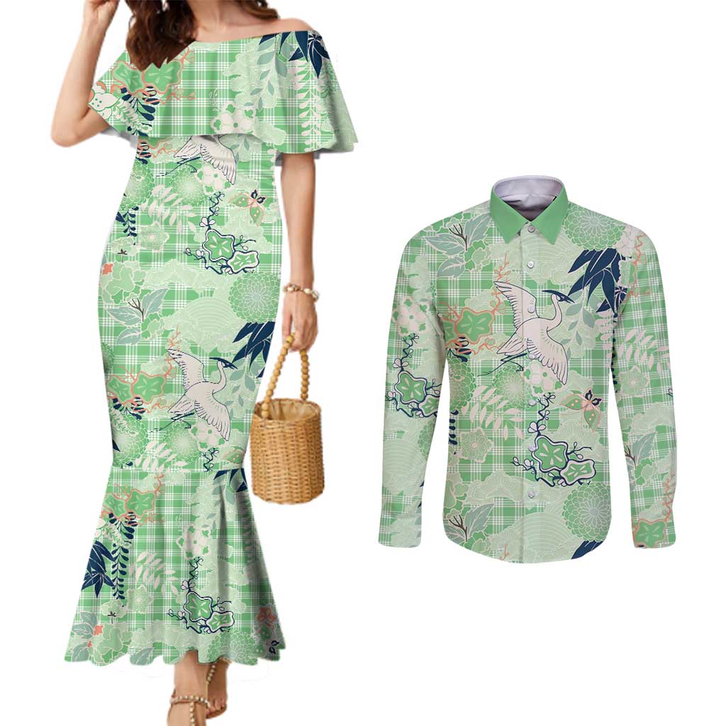 Green Palaka Crane and Flowers Couples Matching Mermaid Dress and Long Sleeve Button Shirt Japan Heritage Spirit - Polynesian Pride