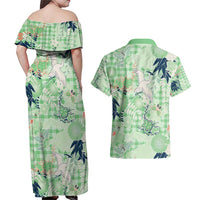 Green Palaka Crane and Flowers Couples Matching Off Shoulder Maxi Dress and Hawaiian Shirt Japan Heritage Spirit - Polynesian Pride