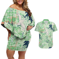 Green Palaka Crane and Flowers Couples Matching Off Shoulder Short Dress and Hawaiian Shirt Japan Heritage Spirit - Polynesian Pride