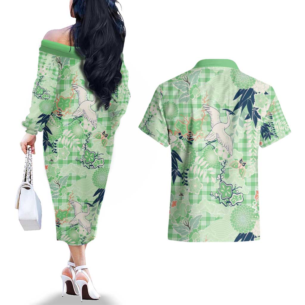 Green Palaka Crane and Flowers Couples Matching Off The Shoulder Long Sleeve Dress and Hawaiian Shirt Japan Heritage Spirit - Polynesian Pride