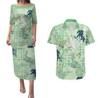 Green Palaka Crane and Flowers Couples Matching Puletasi and Hawaiian Shirt Japan Heritage Spirit - Polynesian Pride