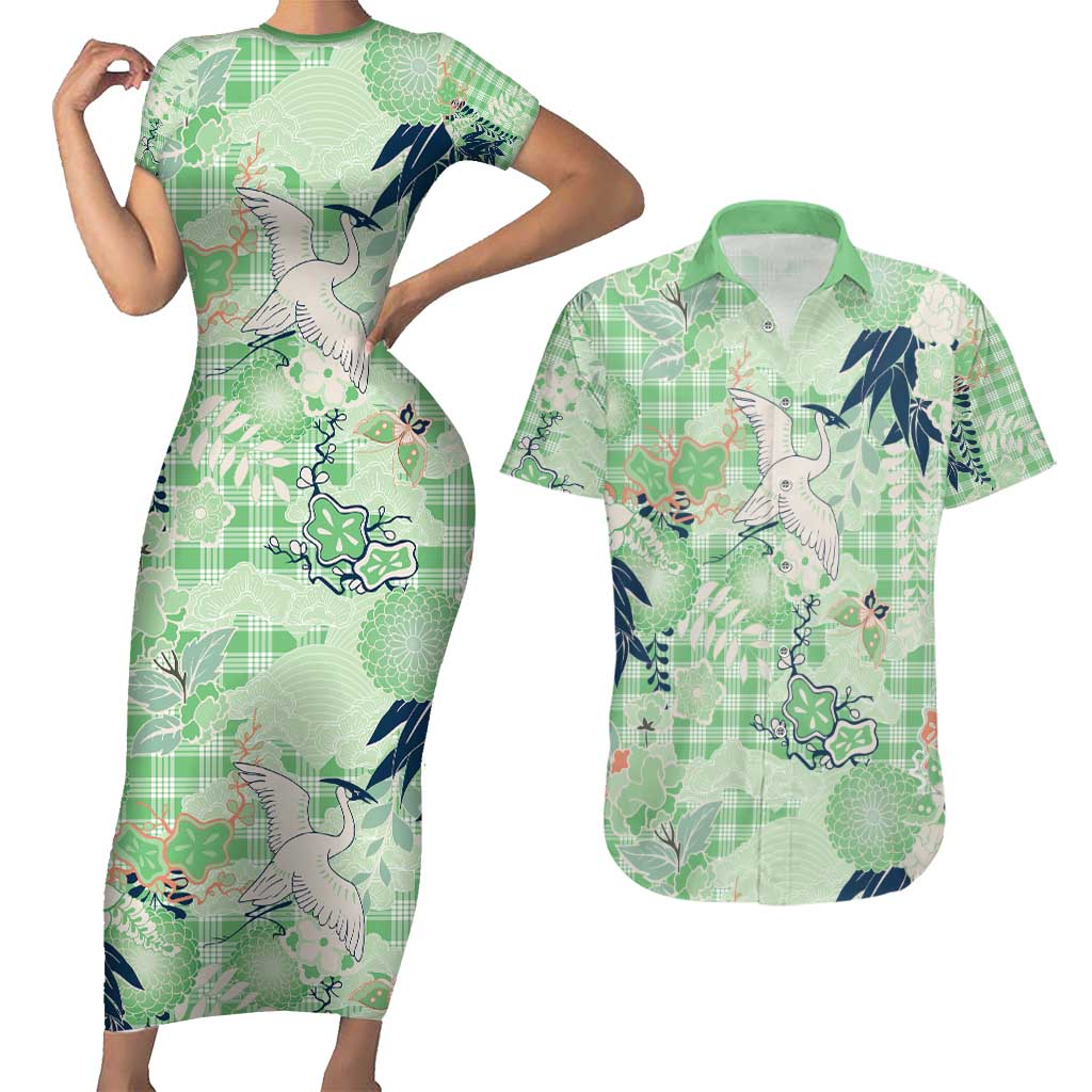 Green Palaka Crane and Flowers Couples Matching Short Sleeve Bodycon Dress and Hawaiian Shirt Japan Heritage Spirit - Polynesian Pride