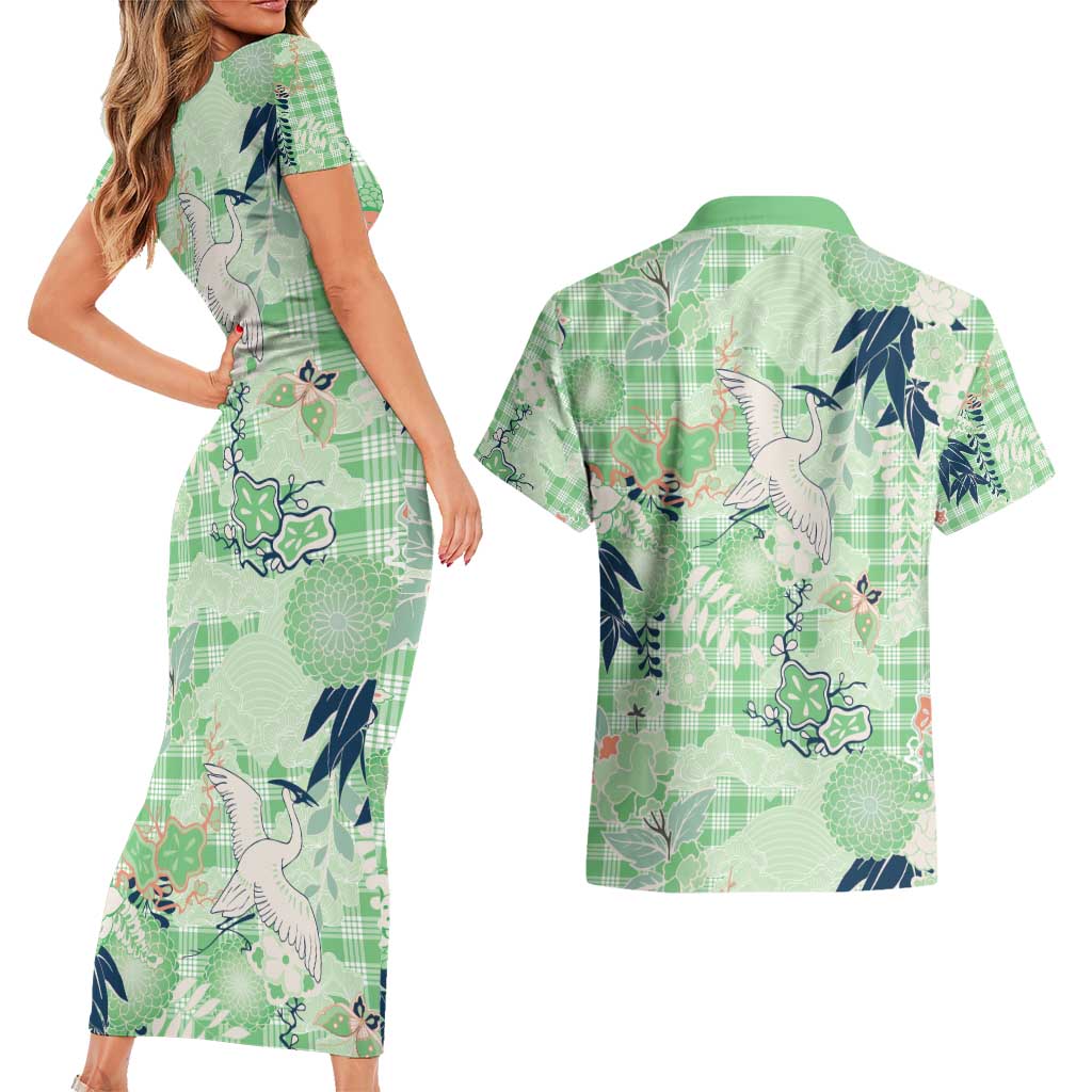 Green Palaka Crane and Flowers Couples Matching Short Sleeve Bodycon Dress and Hawaiian Shirt Japan Heritage Spirit - Polynesian Pride