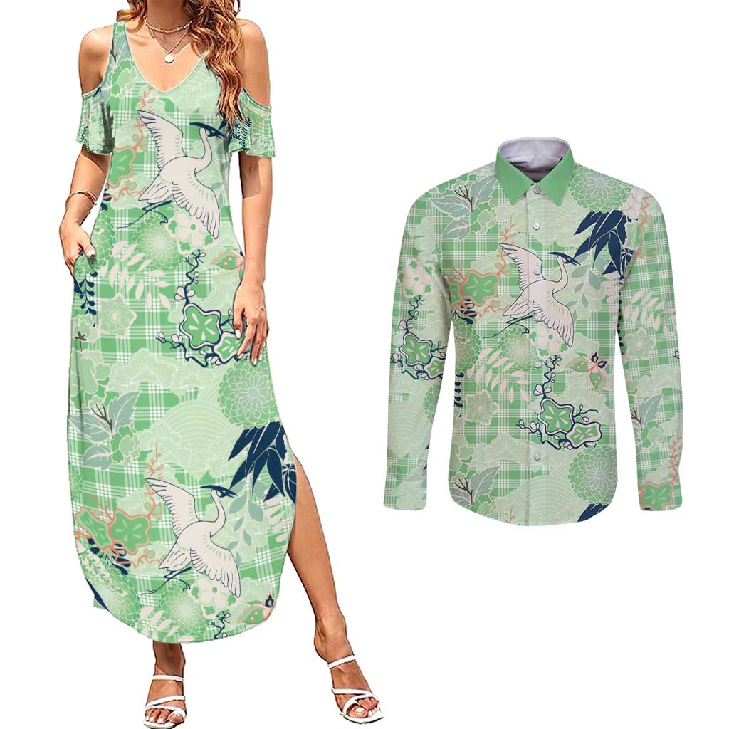 Green Palaka Crane and Flowers Couples Matching Summer Maxi Dress and Long Sleeve Button Shirt Japan Heritage Spirit - Polynesian Pride