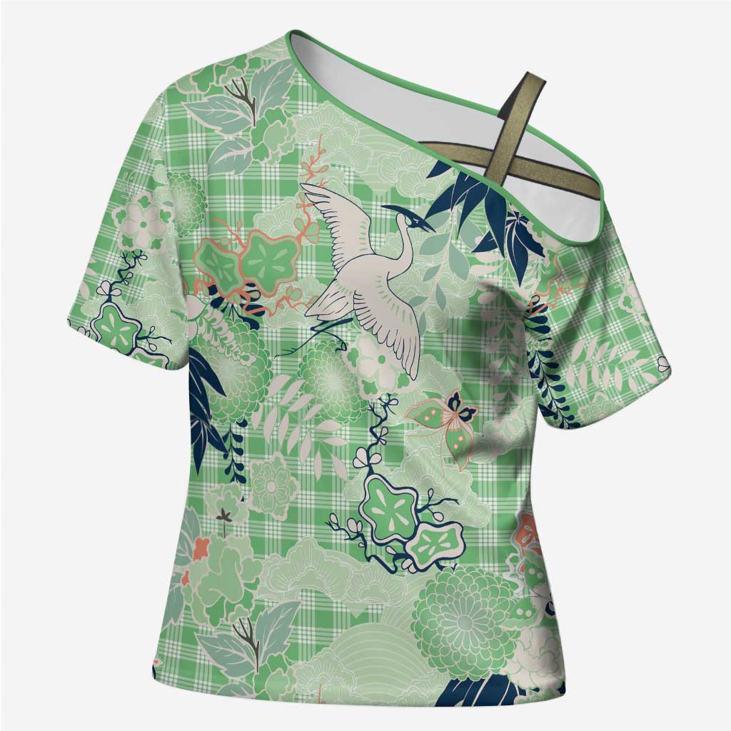 Green Palaka Crane and Flowers Cross Shoulder Shirt Japan Heritage Spirit - Polynesian Pride