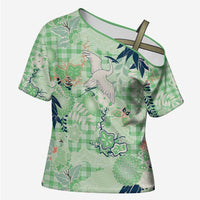 Green Palaka Crane and Flowers Cross Shoulder Shirt Japan Heritage Spirit - Polynesian Pride