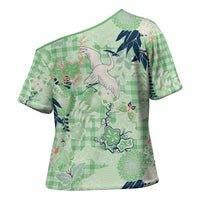 Green Palaka Crane and Flowers Cross Shoulder Shirt Japan Heritage Spirit - Polynesian Pride