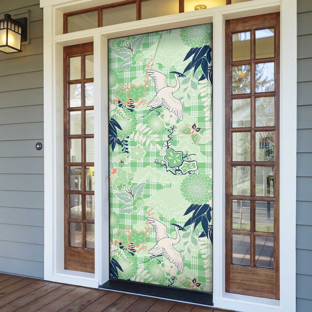 Green Palaka Crane and Flowers Door Cover Japan Heritage Spirit - Polynesian Pride