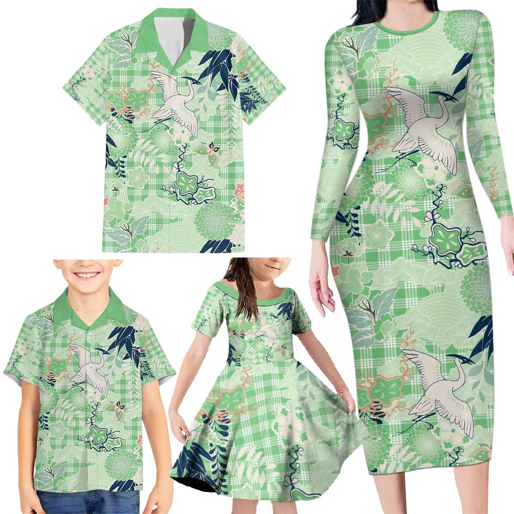 Green Palaka Crane and Flowers Family Matching Long Sleeve Bodycon Dress and Hawaiian Shirt Japan Heritage Spirit - Polynesian Pride