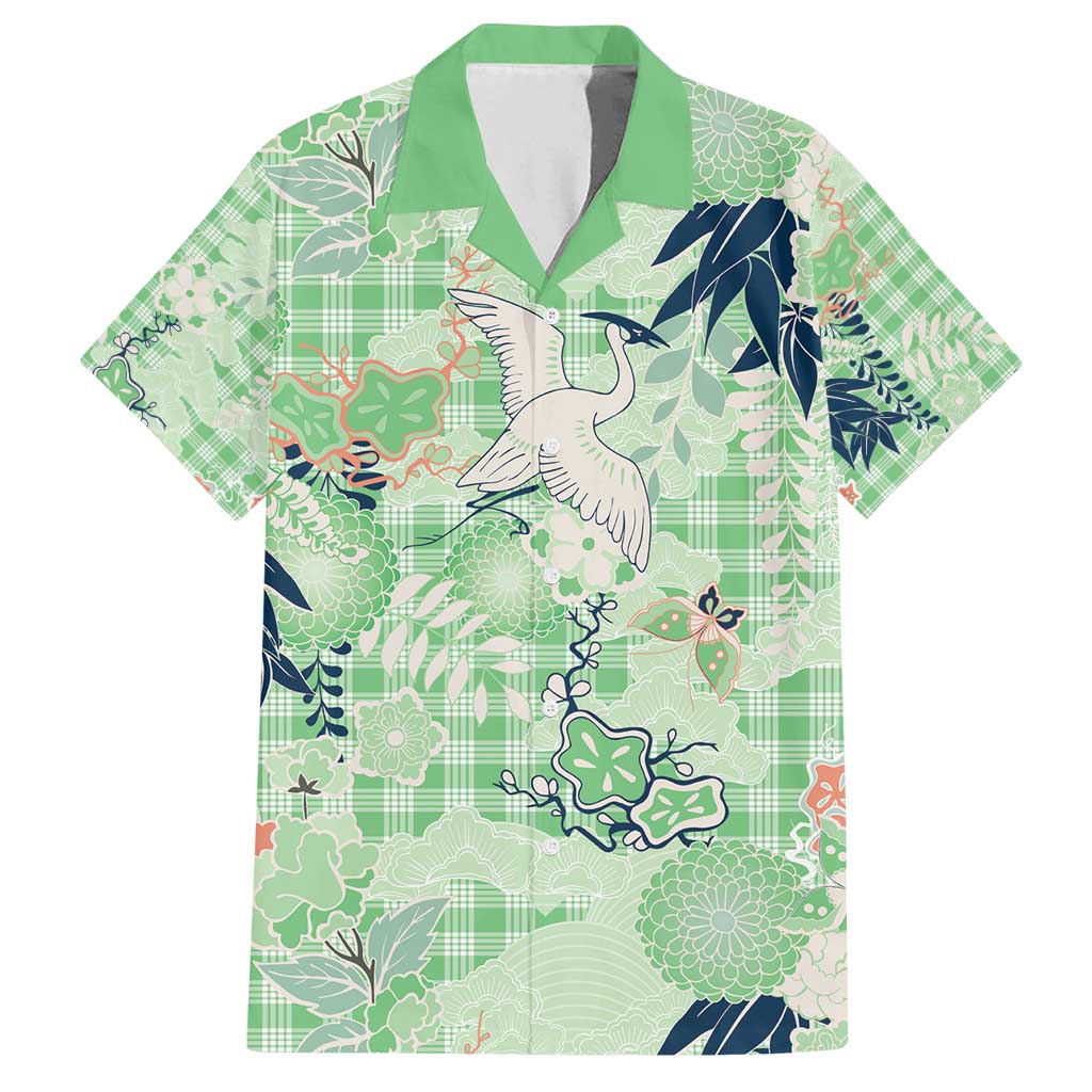 Green Palaka Crane and Flowers Family Matching Long Sleeve Bodycon Dress and Hawaiian Shirt Japan Heritage Spirit - Polynesian Pride