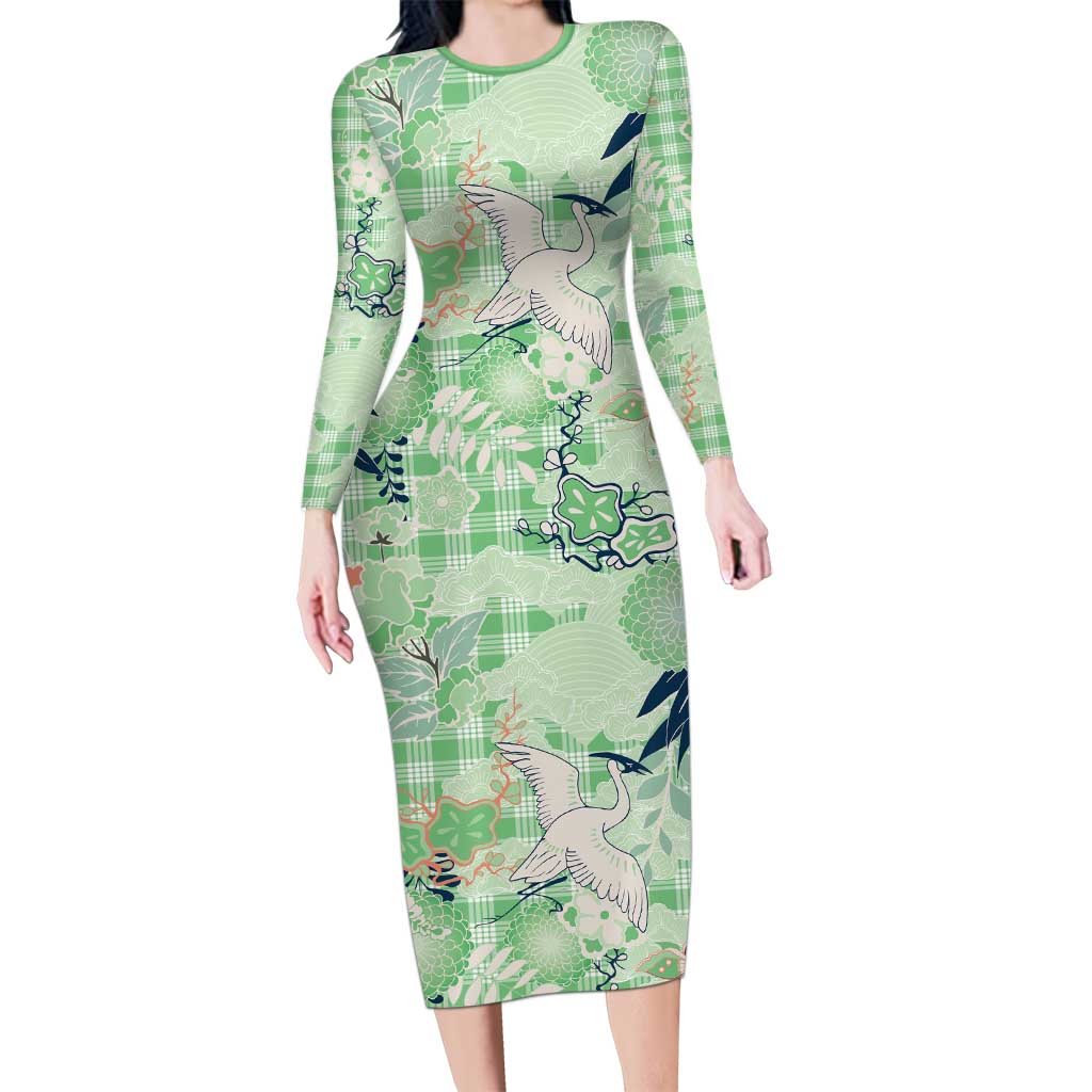 Green Palaka Crane and Flowers Family Matching Long Sleeve Bodycon Dress and Hawaiian Shirt Japan Heritage Spirit - Polynesian Pride