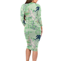 Green Palaka Crane and Flowers Family Matching Long Sleeve Bodycon Dress and Hawaiian Shirt Japan Heritage Spirit - Polynesian Pride