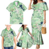 Green Palaka Crane and Flowers Family Matching Mermaid Dress and Hawaiian Shirt Japan Heritage Spirit - Polynesian Pride