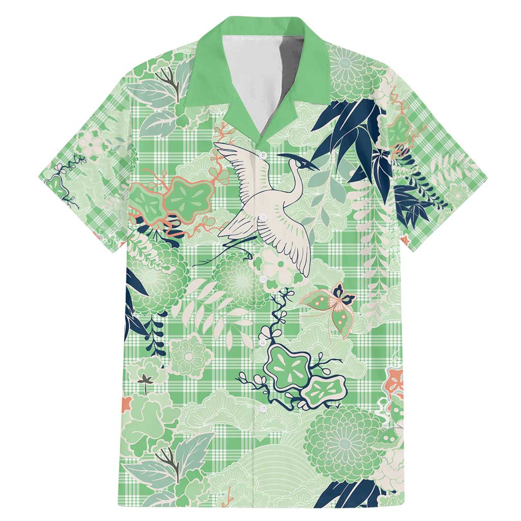 Green Palaka Crane and Flowers Family Matching Mermaid Dress and Hawaiian Shirt Japan Heritage Spirit - Polynesian Pride