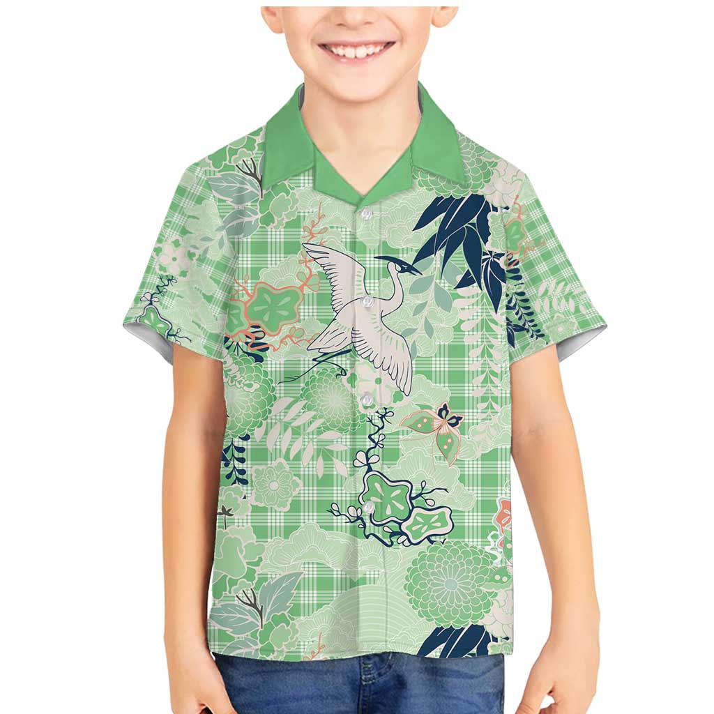 Green Palaka Crane and Flowers Family Matching Mermaid Dress and Hawaiian Shirt Japan Heritage Spirit - Polynesian Pride
