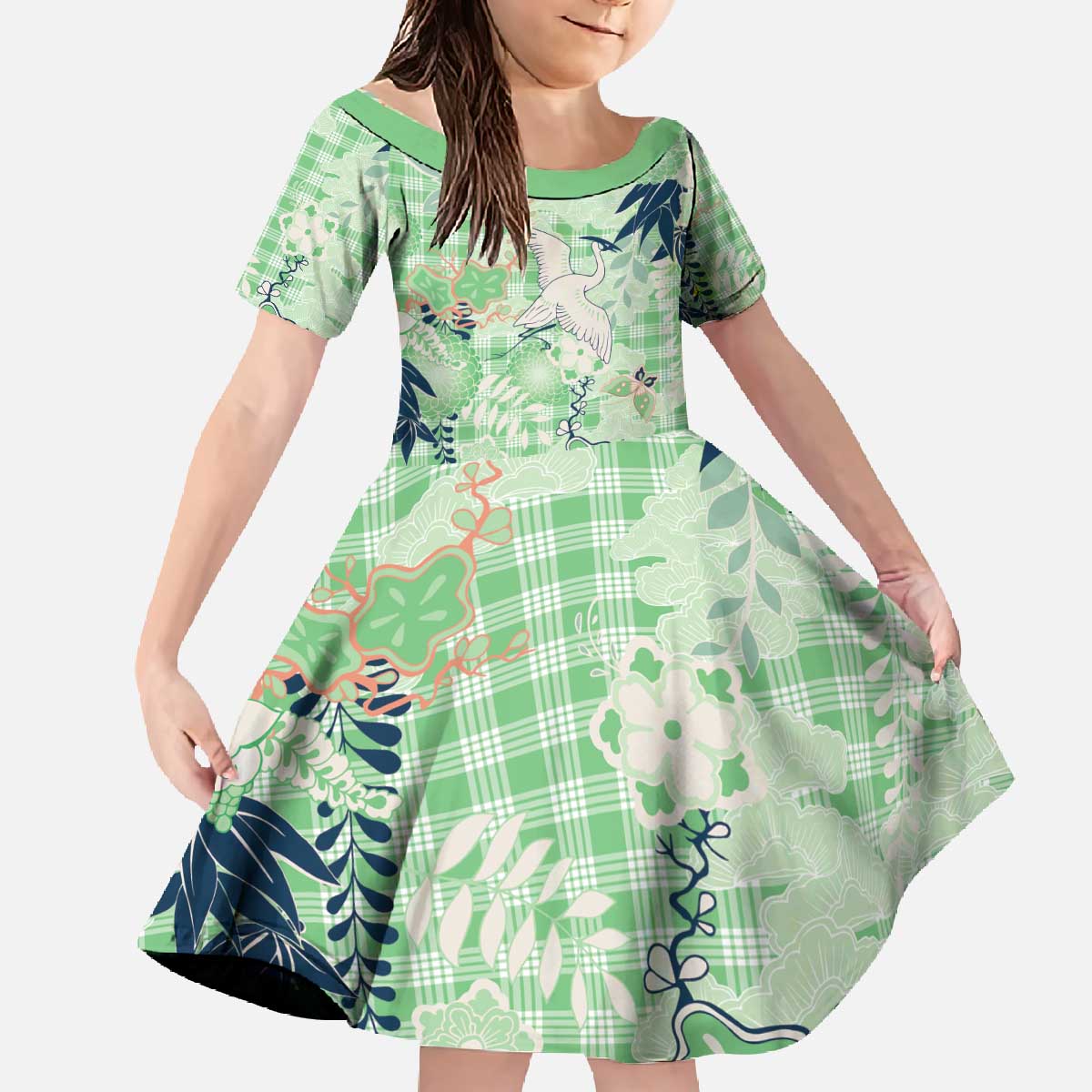 Green Palaka Crane and Flowers Family Matching Off The Shoulder Long Sleeve Dress and Hawaiian Shirt Japan Heritage Spirit - Polynesian Pride