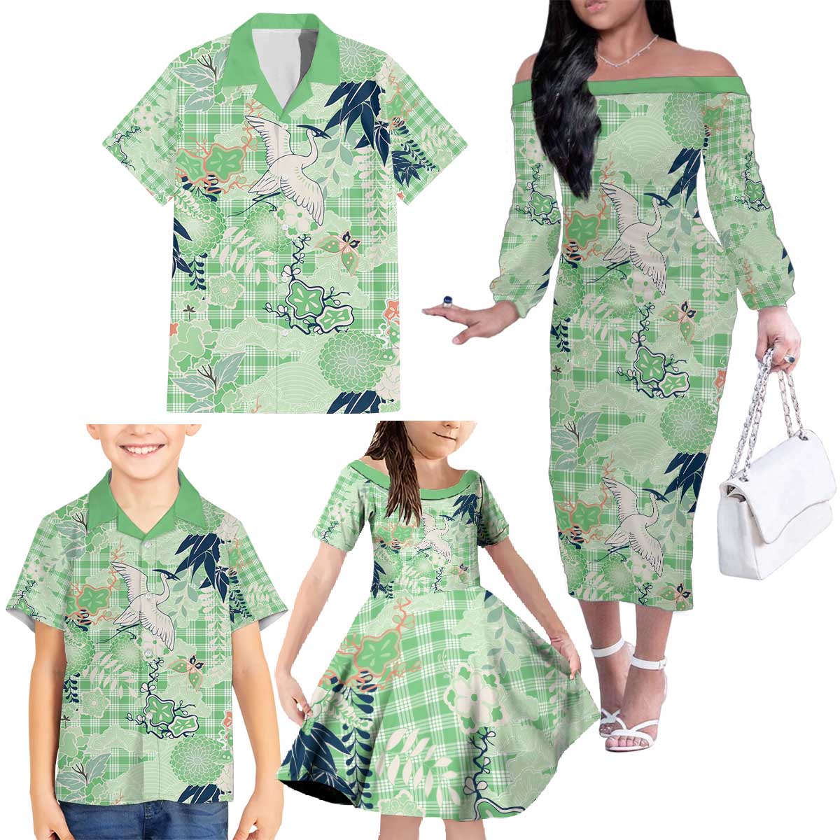 Green Palaka Crane and Flowers Family Matching Off The Shoulder Long Sleeve Dress and Hawaiian Shirt Japan Heritage Spirit - Polynesian Pride