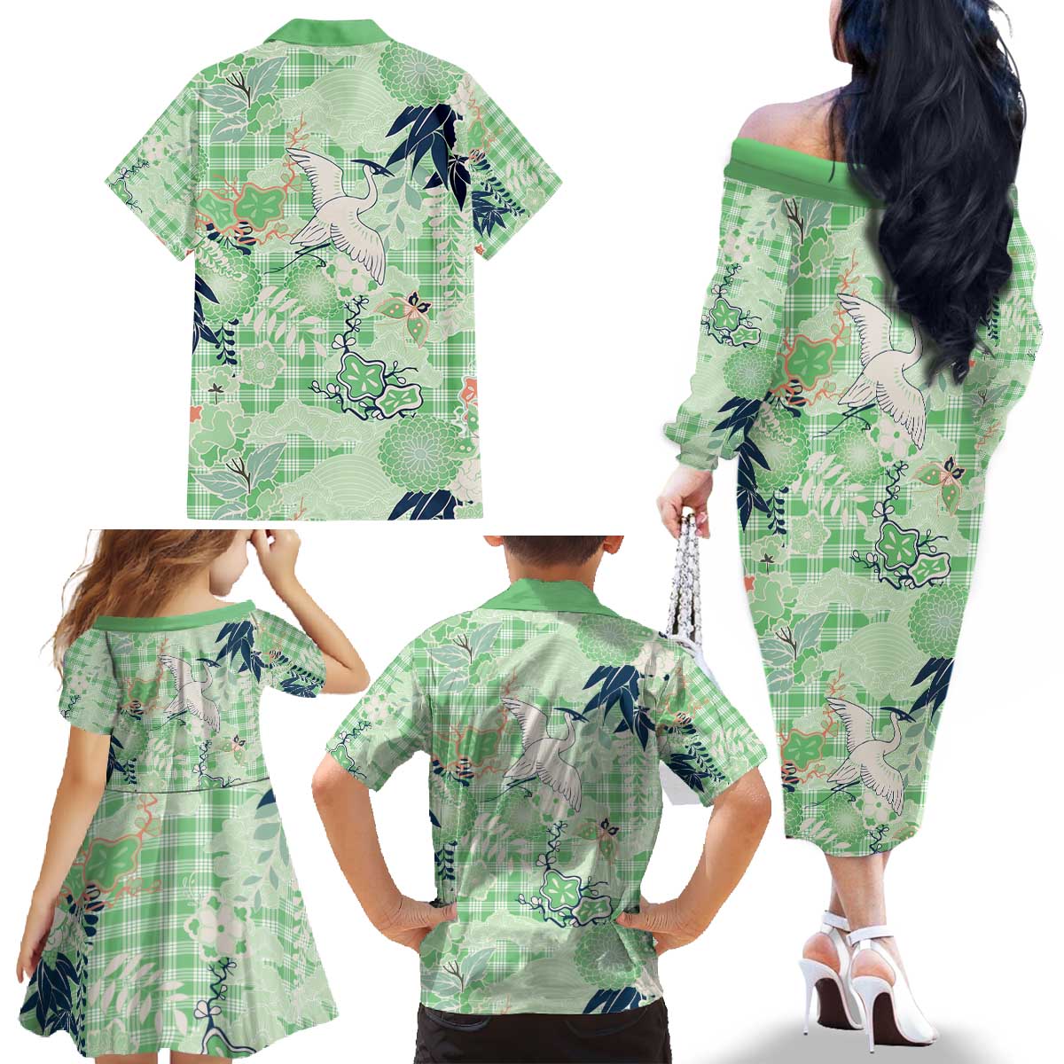 Green Palaka Crane and Flowers Family Matching Off The Shoulder Long Sleeve Dress and Hawaiian Shirt Japan Heritage Spirit - Polynesian Pride