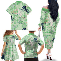 Green Palaka Crane and Flowers Family Matching Off The Shoulder Long Sleeve Dress and Hawaiian Shirt Japan Heritage Spirit - Polynesian Pride