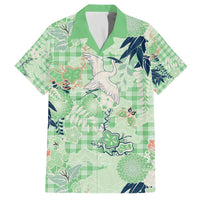 Green Palaka Crane and Flowers Family Matching Off The Shoulder Long Sleeve Dress and Hawaiian Shirt Japan Heritage Spirit - Polynesian Pride