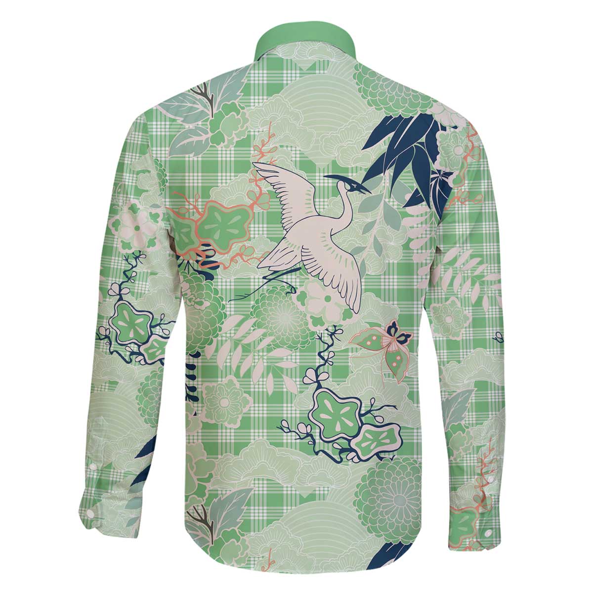 Green Palaka Crane and Flowers Family Matching Off The Shoulder Long Sleeve Dress and Hawaiian Shirt Japan Heritage Spirit - Polynesian Pride