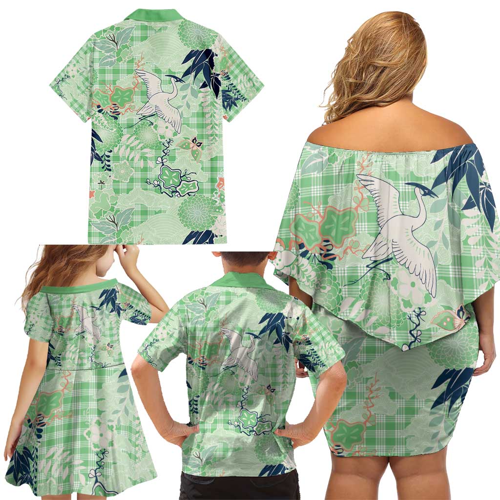 Green Palaka Crane and Flowers Family Matching Off Shoulder Short Dress and Hawaiian Shirt Japan Heritage Spirit - Polynesian Pride