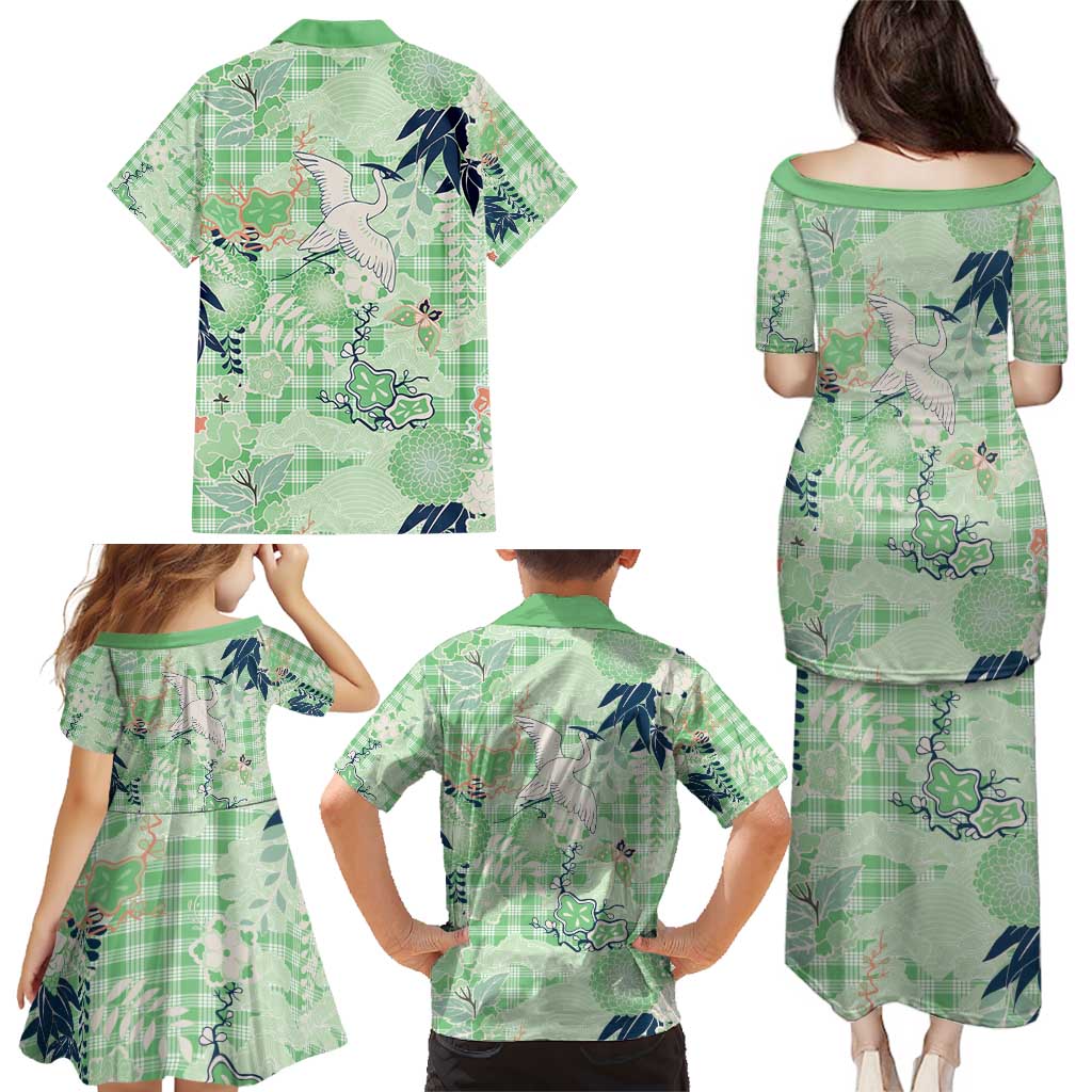 Green Palaka Crane and Flowers Family Matching Puletasi and Hawaiian Shirt Japan Heritage Spirit - Polynesian Pride