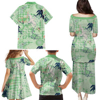 Green Palaka Crane and Flowers Family Matching Puletasi and Hawaiian Shirt Japan Heritage Spirit - Polynesian Pride