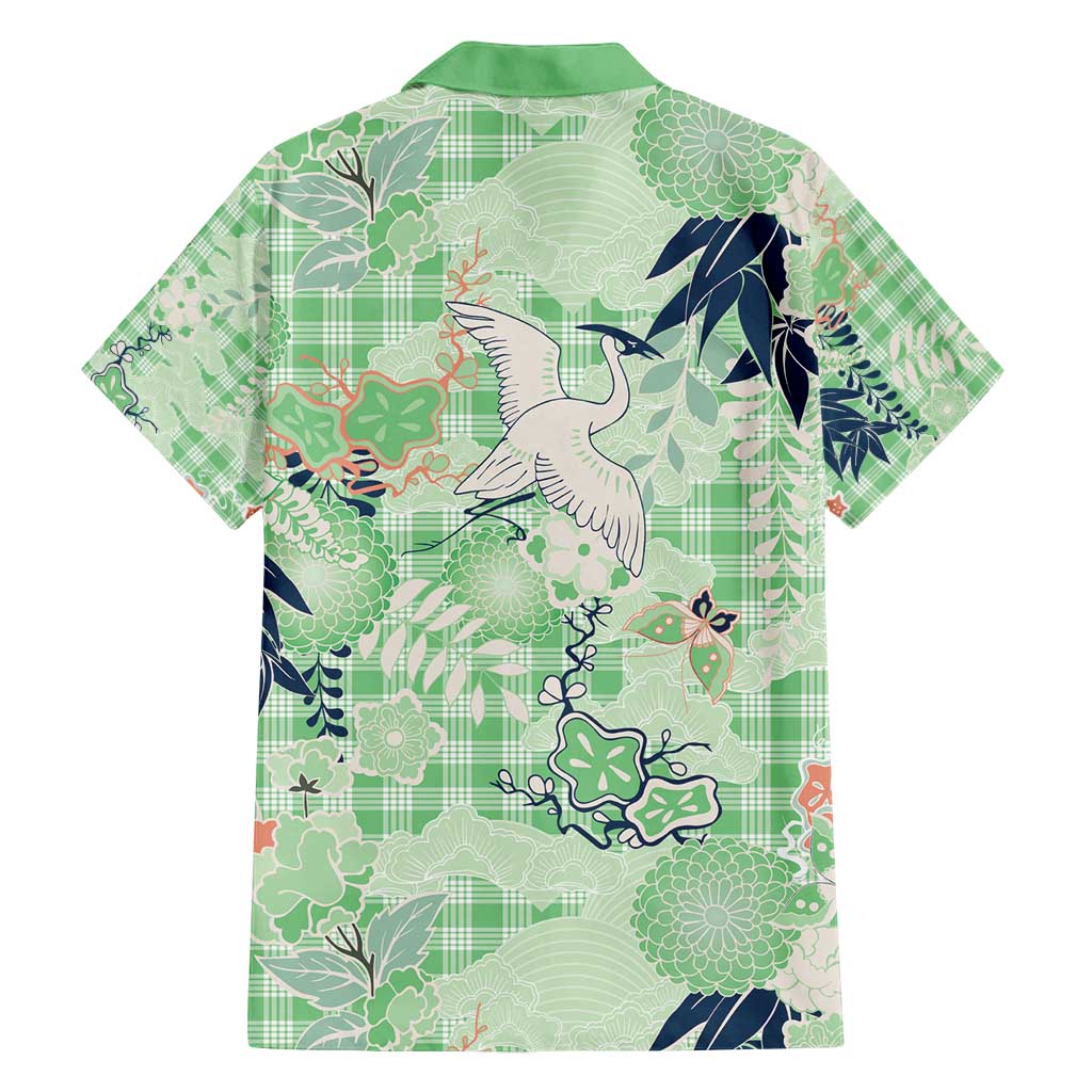 Green Palaka Crane and Flowers Family Matching Puletasi and Hawaiian Shirt Japan Heritage Spirit - Polynesian Pride