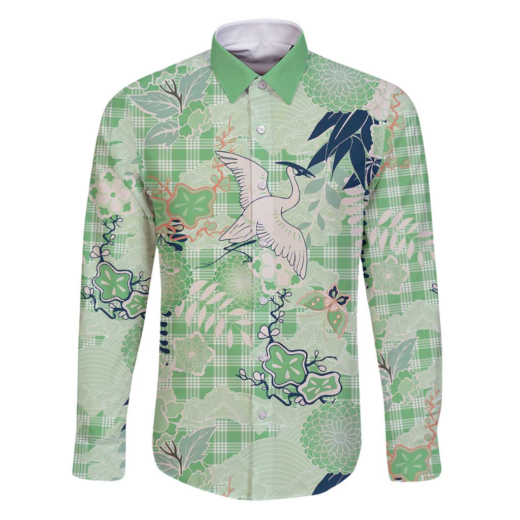 Green Palaka Crane and Flowers Family Matching Puletasi and Hawaiian Shirt Japan Heritage Spirit - Polynesian Pride