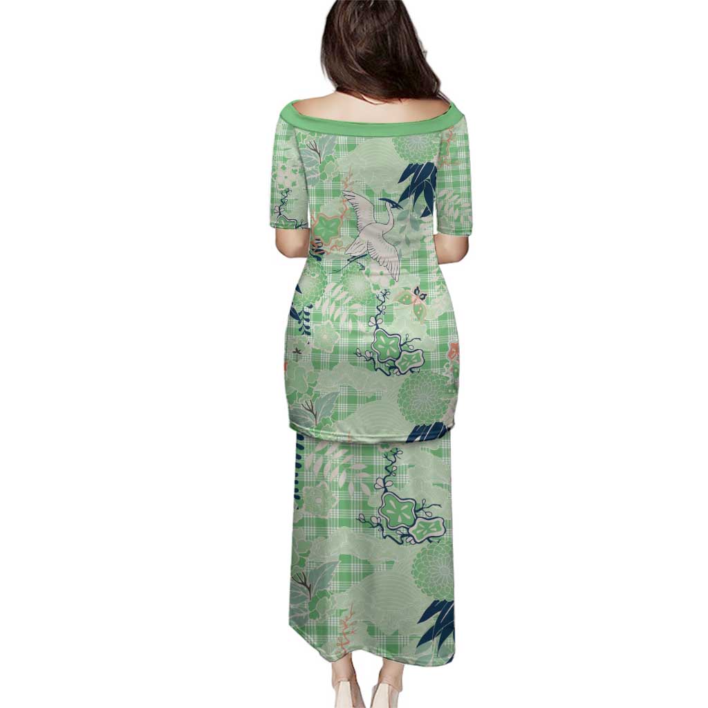 Green Palaka Crane and Flowers Family Matching Puletasi and Hawaiian Shirt Japan Heritage Spirit - Polynesian Pride