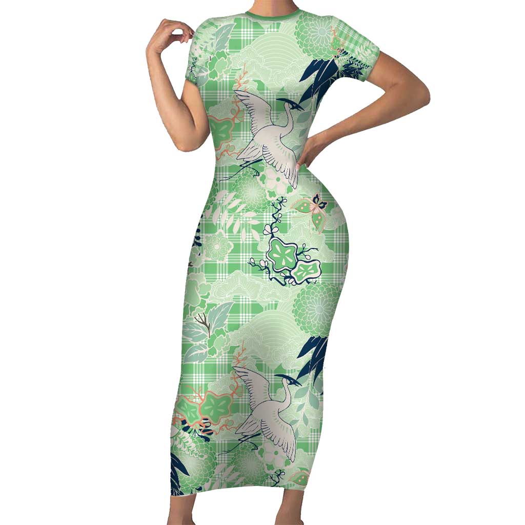 Green Palaka Crane and Flowers Family Matching Short Sleeve Bodycon Dress and Hawaiian Shirt Japan Heritage Spirit - Polynesian Pride