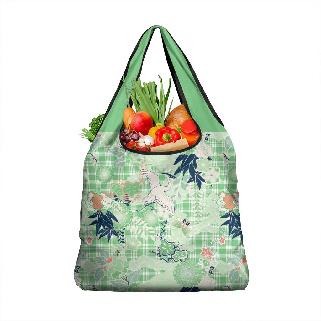 Green Palaka Crane and Flowers Grocery Bag Japan Heritage Spirit - Polynesian Pride