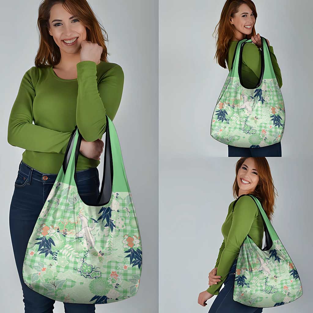 Green Palaka Crane and Flowers Grocery Bag Japan Heritage Spirit - Polynesian Pride