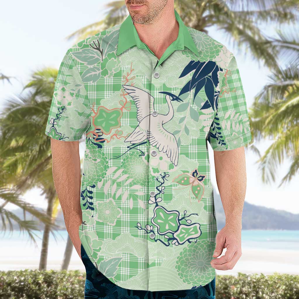 Green Palaka Crane and Flowers Hawaiian Shirt Japan Heritage Spirit - Polynesian Pride