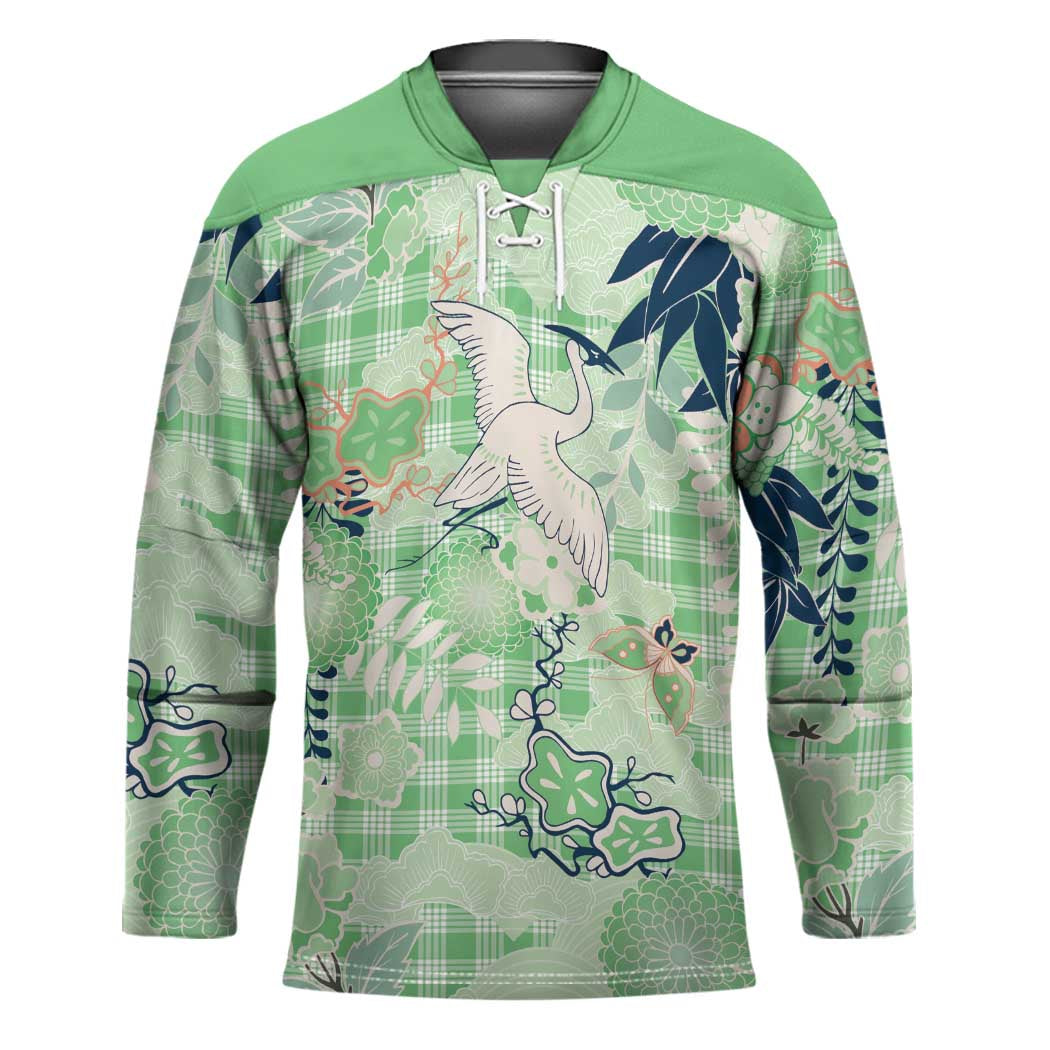 Green Palaka Crane and Flowers Hockey Jersey Japan Heritage Spirit - Polynesian Pride