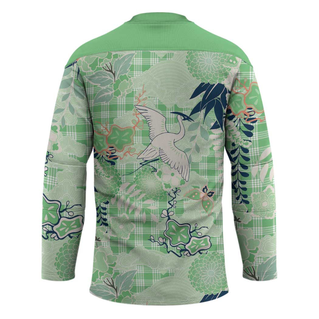 Green Palaka Crane and Flowers Hockey Jersey Japan Heritage Spirit - Polynesian Pride