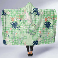 Green Palaka Crane and Flowers Hooded Blanket Japan Heritage Spirit - Polynesian Pride